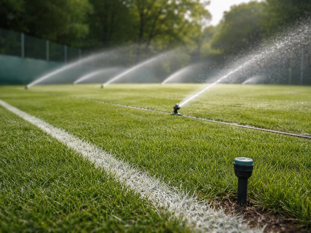 Arroseurs automatiques sur un court de tennis en gazon, jets d’eau et sonde d’humidité discrète au sol.