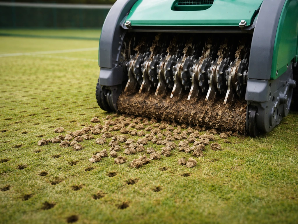 Une machine d’aération carotte le sol d’un court de tennis, carottes de terre visibles.