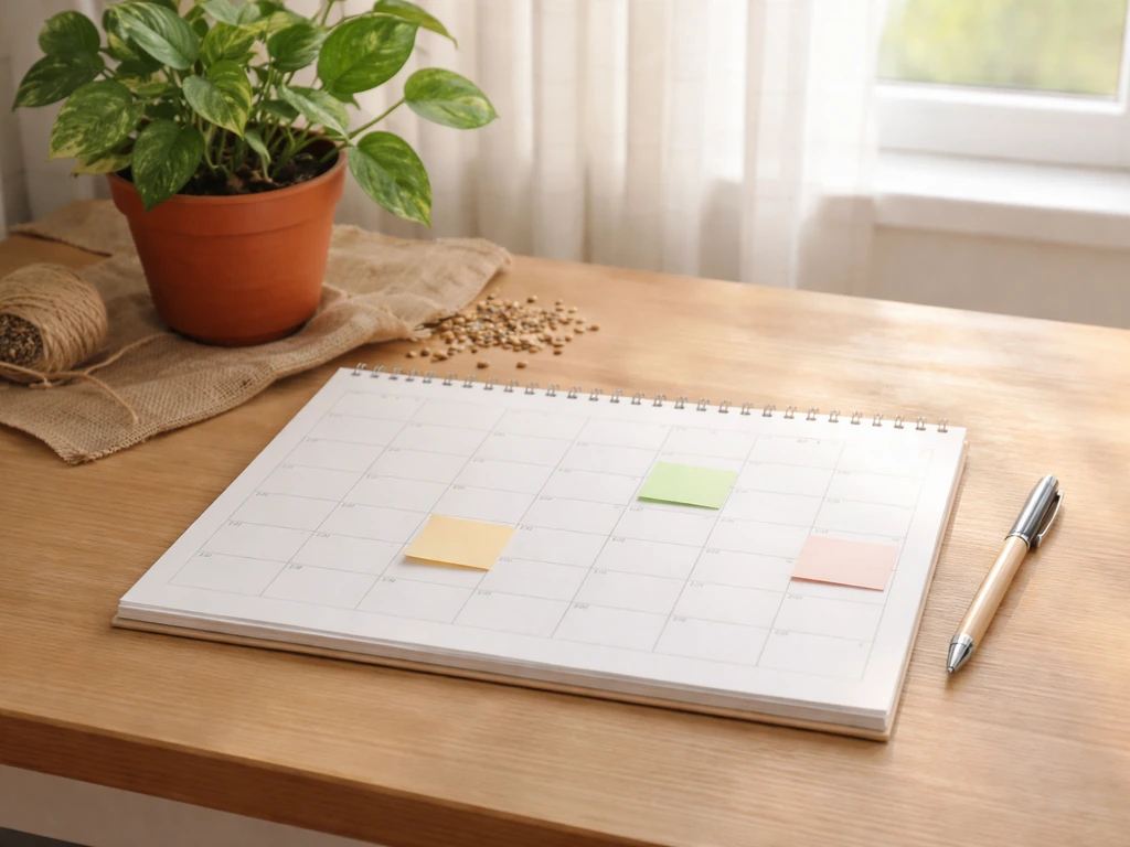 Calendrier papier ouvert sur mars-avril, post-it vierges et graines sur une table près d’une fenêtre.