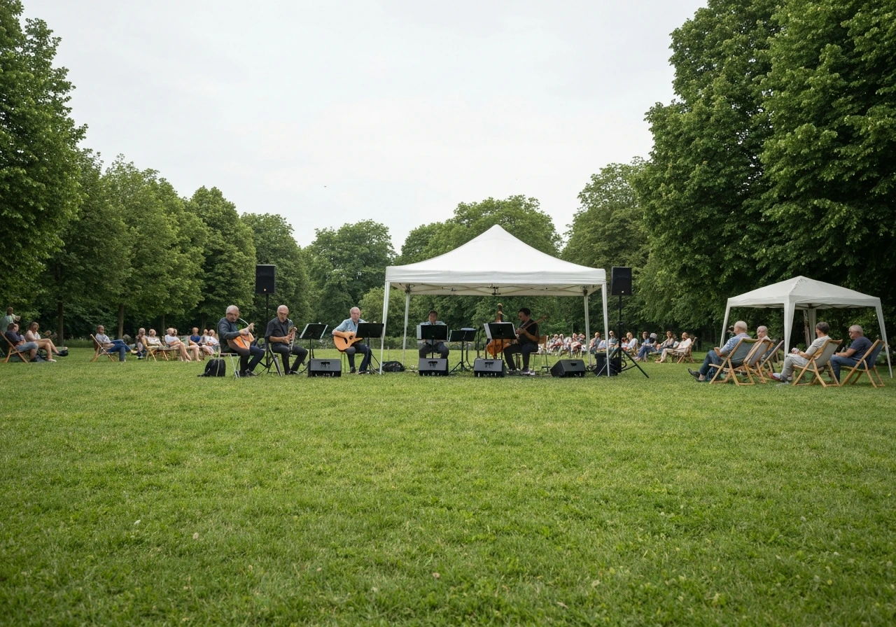 Concert de jazz sur une pelouse verte au Parc Jouvet, public assis et musiciens en arrière-plan.