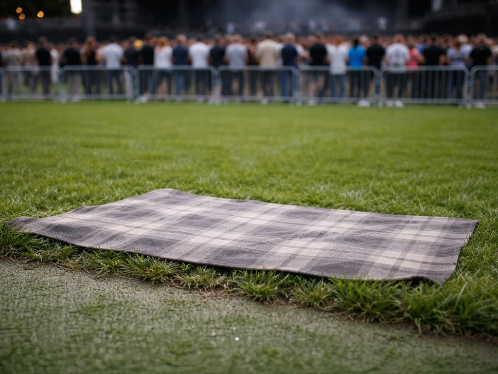 Gazon de stade en extérieur avec une zone protégée par une couverture posée en bordure, foule en arrière-plan floue.
