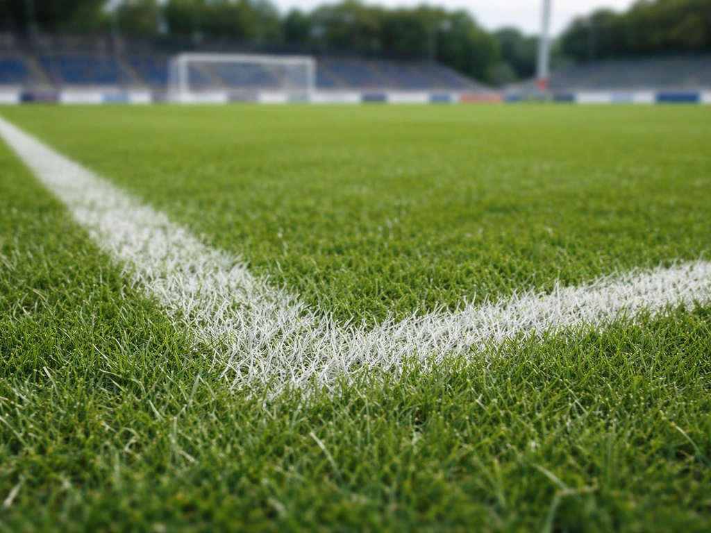 Gazon de stade de foot dense et vert avec lignes nettes, éclairage naturel en journée.