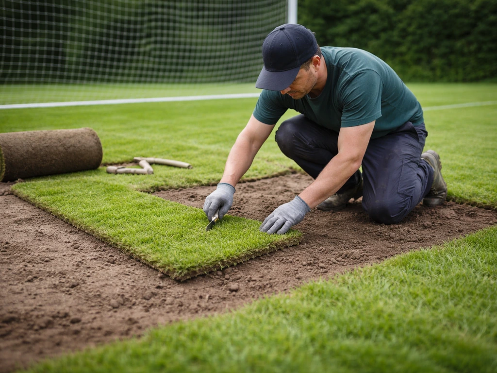 Réparateur posant une plaque de gazon en rouleau sur une zone arrachée devant les buts d’un terrain de foot.