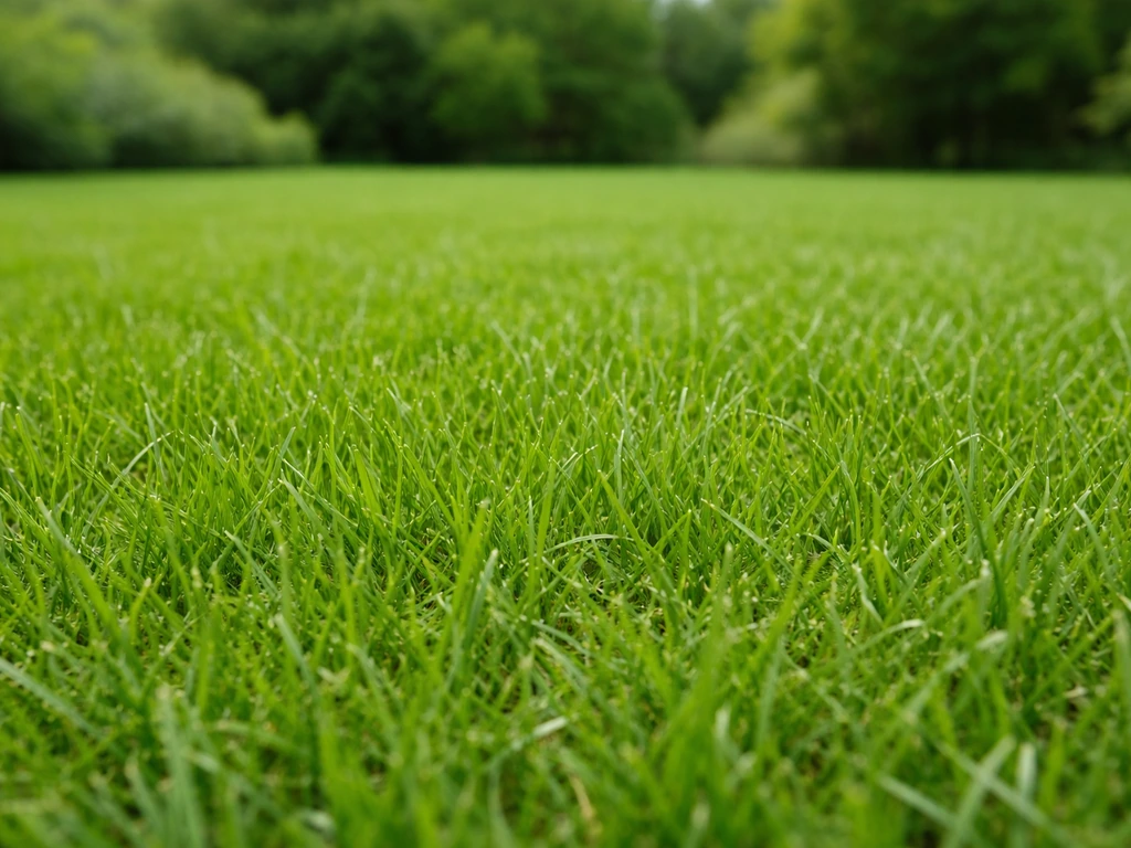 Pelouse dense et bien verte, vue rapprochée après reprise, ambiance jardin simple et naturelle.