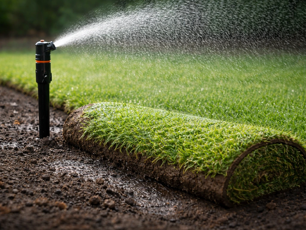 Arroseur rotatif aspergeant un sol fraîchement roulé, humidification visible du rouleau et du terrain juste après la pos