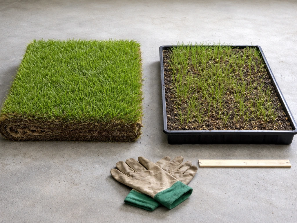 Comparaison côte à côte entre un rouleau de gazon dense et un semis plus clairsemé, sur sol béton.