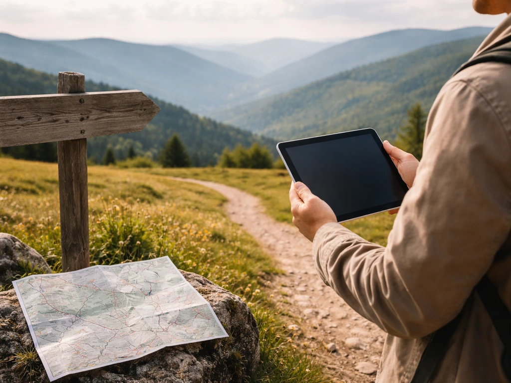 Personne anonyme sur un sentier des Vosges, tenant une tablette et une carte abstraite, vues sur les crêtes.