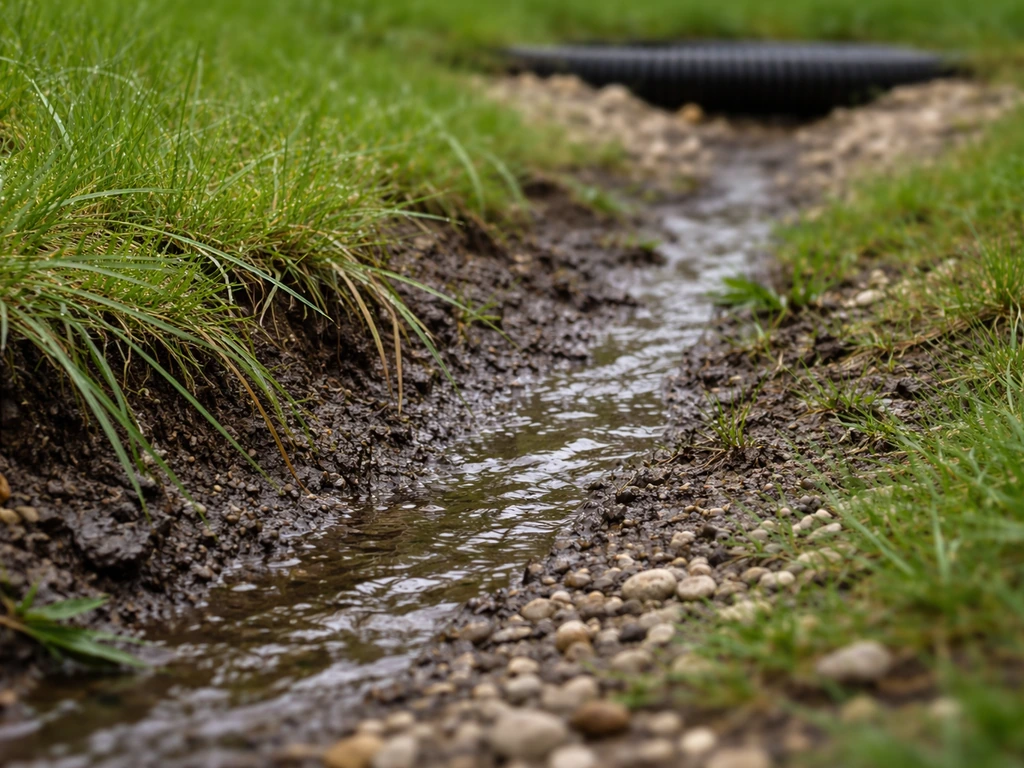 Après la pluie : sol détrempé, ruissellement discret et rigole de drainage près d’une pelouse.