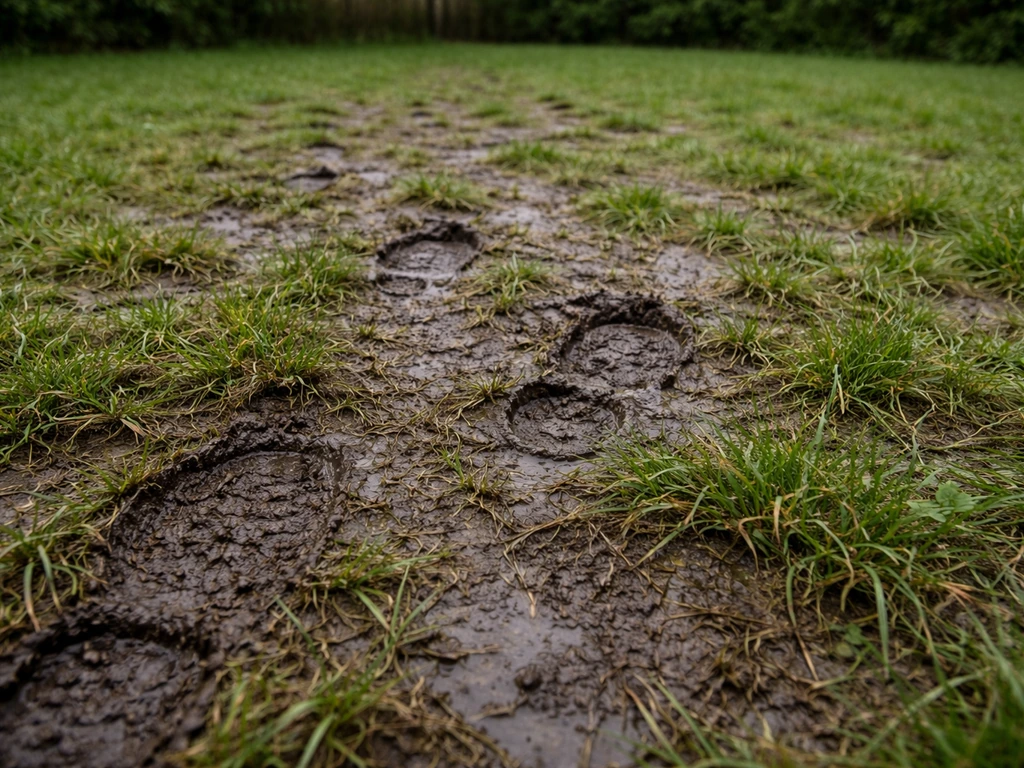 Gazon détrempé et compacté, empreintes visibles et zones clairsemées après des pas sur sol humide.