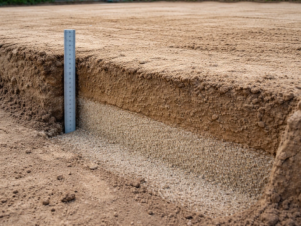 Coupe en couches d’un sol de tennis avec sable drainant, substrat prêt à niveler, jauge d’épaisseur sans texte.