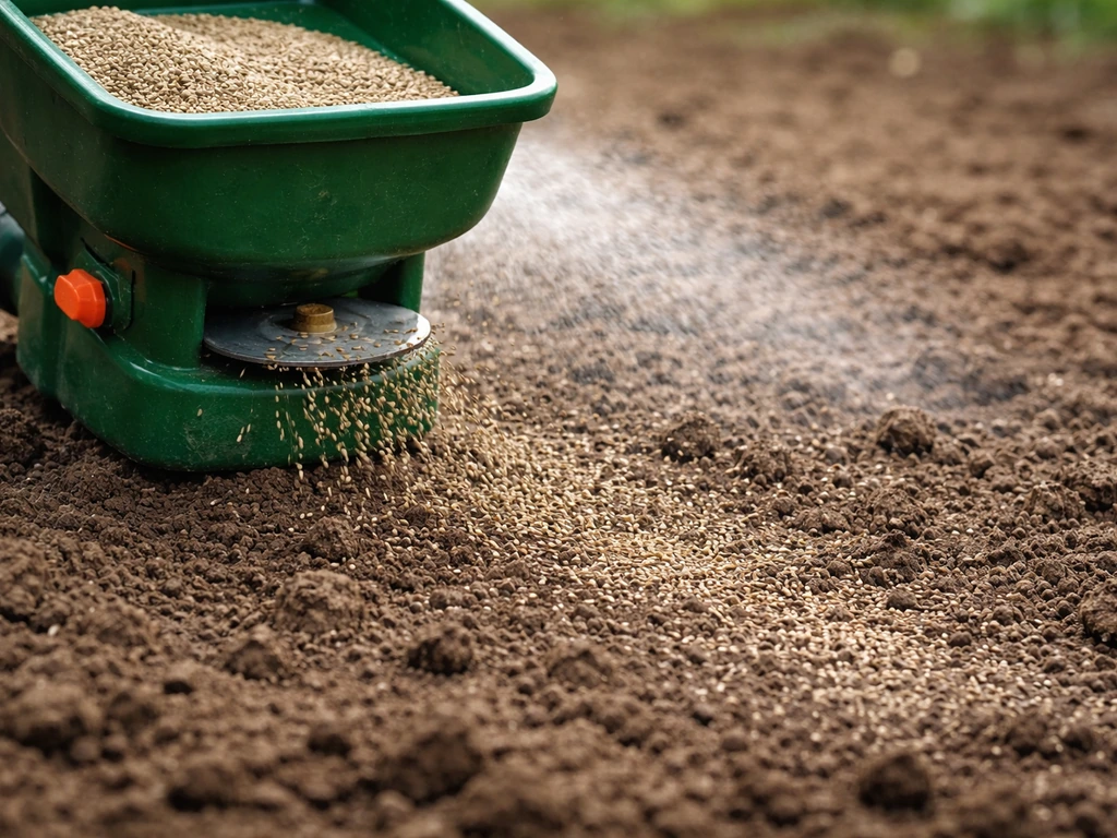 Gros plan sur un semoir à la volée déposant des graines de ryegrass sur un sol nivelé, avec arrosage léger.