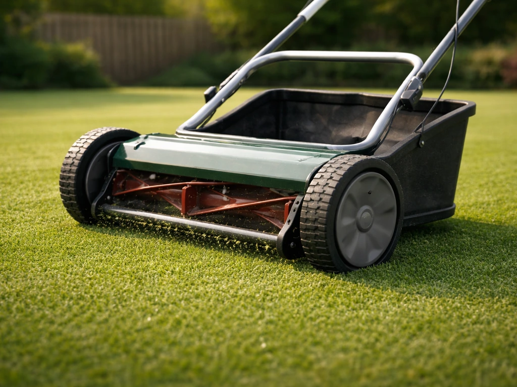 Une tondeuse cylindrique coupe une pelouse très courte et uniforme, aspect “8 mm”.