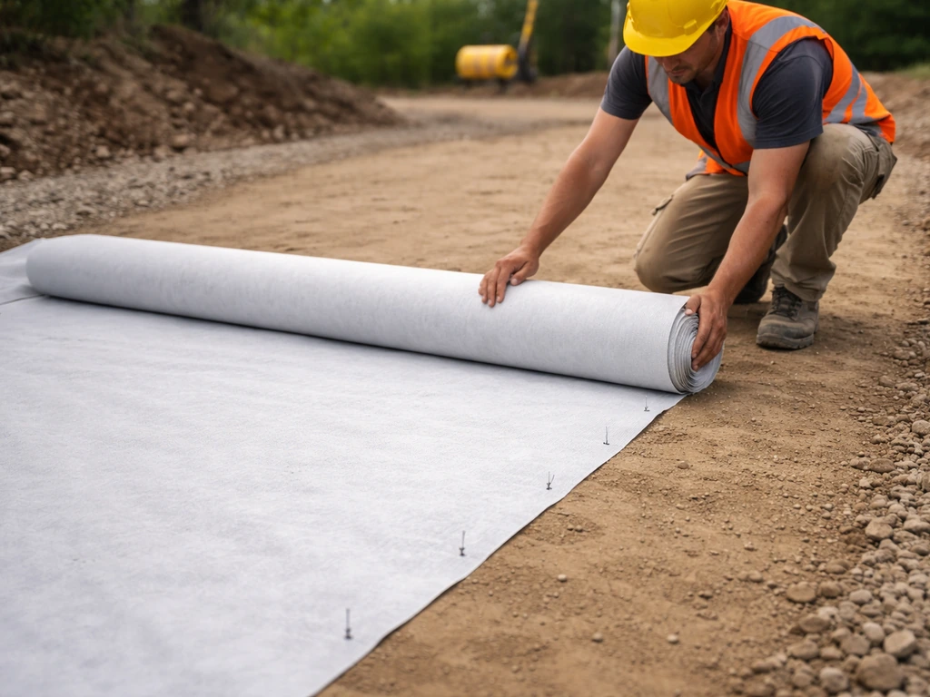Pose d’un géotextile sur un fond de forme compacté, avec recouvrement des lés, chantier de terrassement.