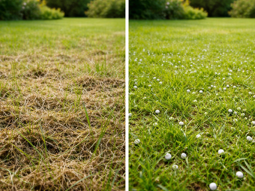 Pelouse avant/après scarification : feutre visible à gauche, dolomie répartie sur l’herbe à droite.
