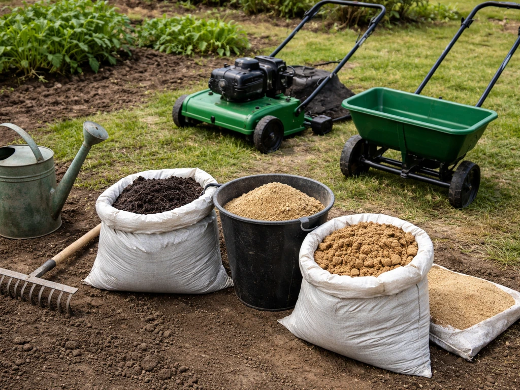 Amendements de jardin et outils d’entretien posés sur un sol, prêts pour scarifier et surfaçage, sans texte.