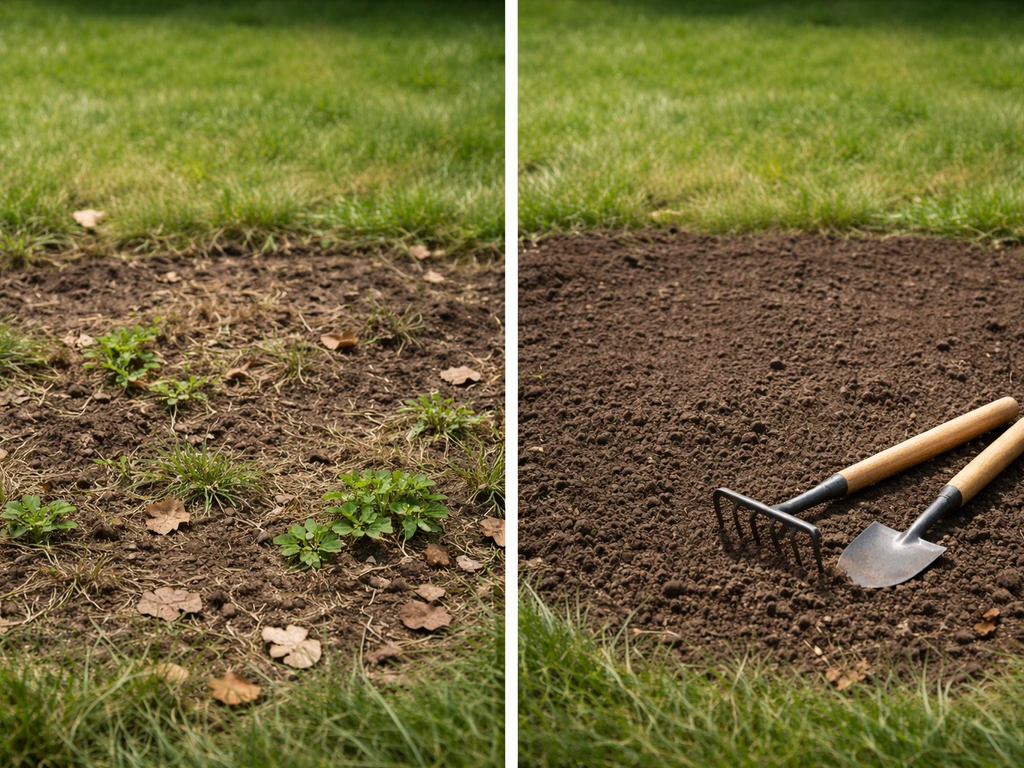 Petite zone de jardin en avant/après : gazon mort extrait, désherbage, puis terre fine et terreau prêts à semer.