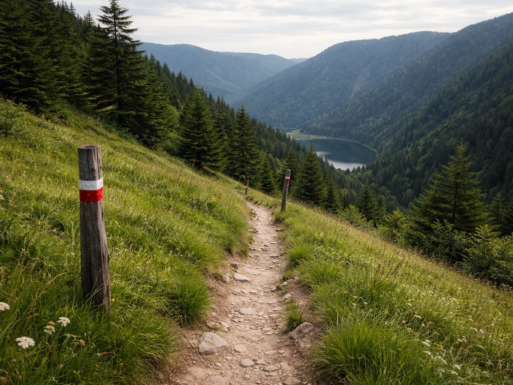 Sentier herbeux des Vosges avec balises rouges, menant vers un lac de montagne au loin.