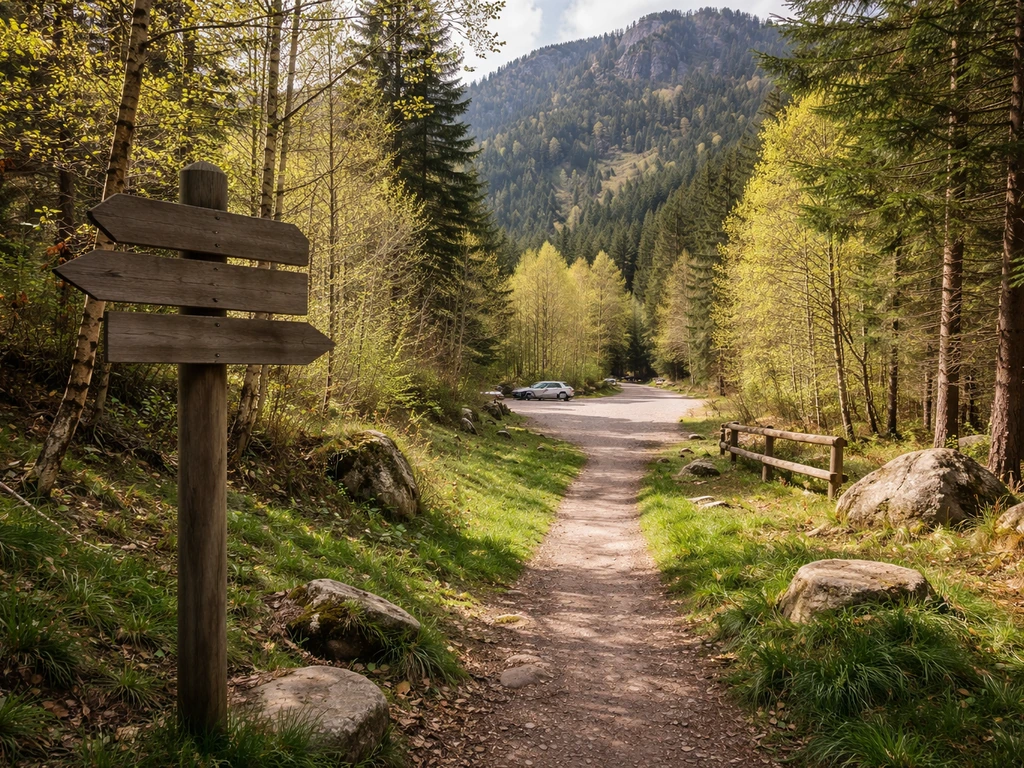 Sentier aux Vosges avec poteau indicateur et accès parking menant vers le pied de la Tête des Perches.