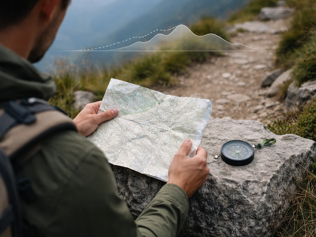 Randonneur anonyme de dos consultant une carte et une boussole près d’un sentier de montagne, ambiance relief.