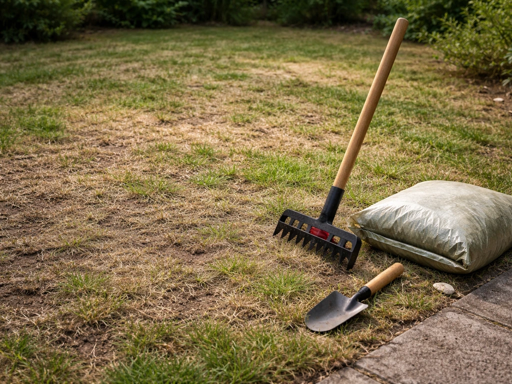 Pelouse clairsemée et abîmée, avec scarificateur/décompacteur et outils de jardin posés au sol.