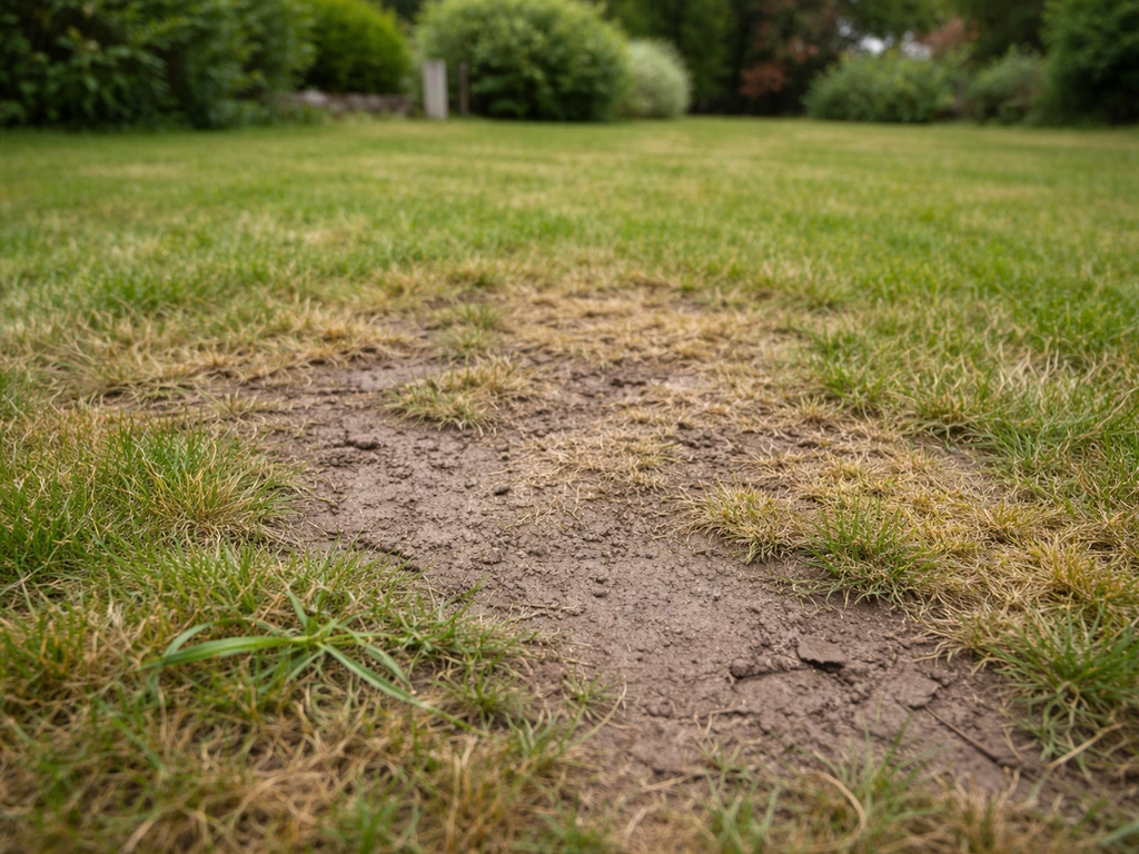 Pelouse avec zones jaunies et clairsemées, mousse et traces de compactage, vue au niveau du sol.