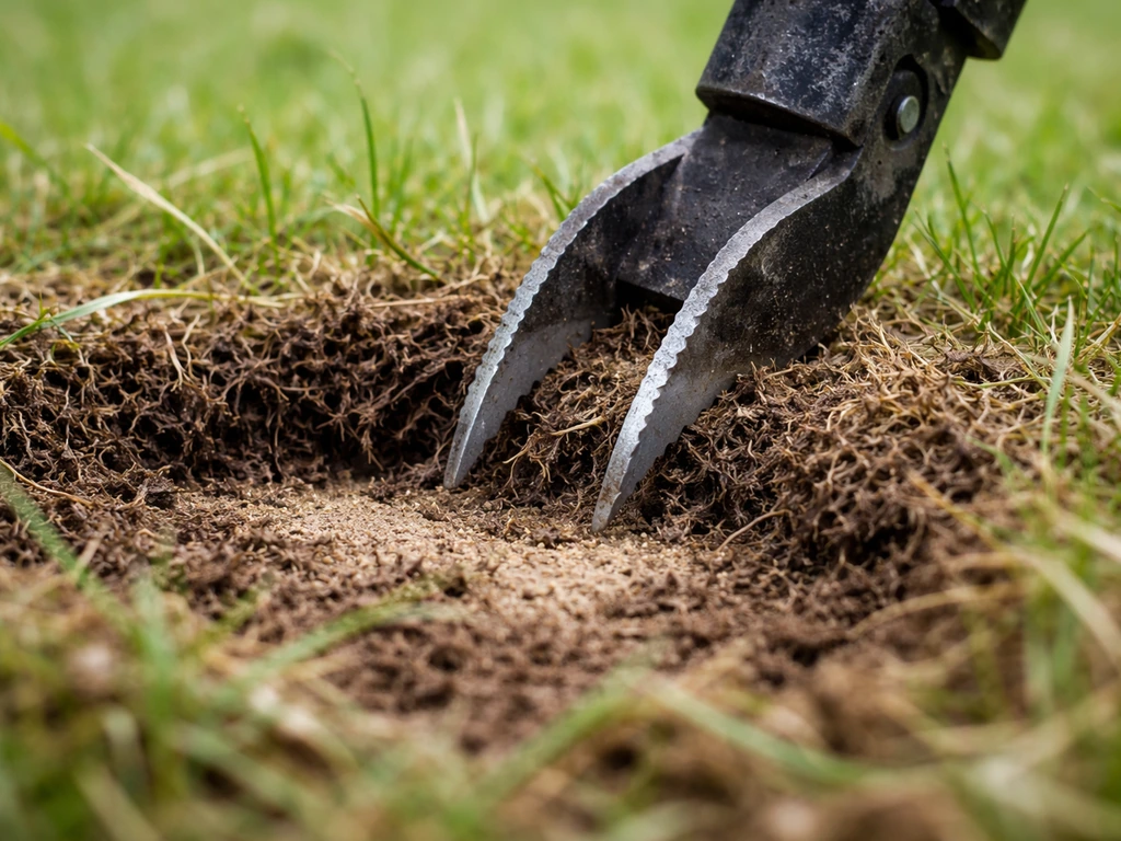 Vue rapprochée d’une griffe de scarificateur retirant du feutrage sombre à la base du gazon