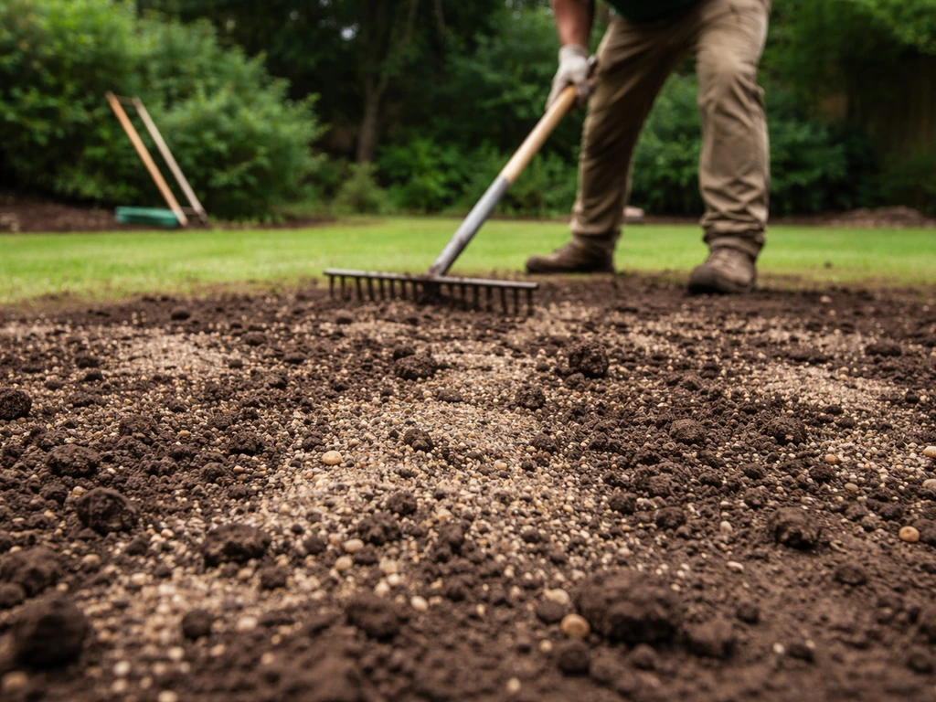 Mise en terre d’un mélange amendement sur une pelouse préparée : sable grossier et compost incorporés en surface.