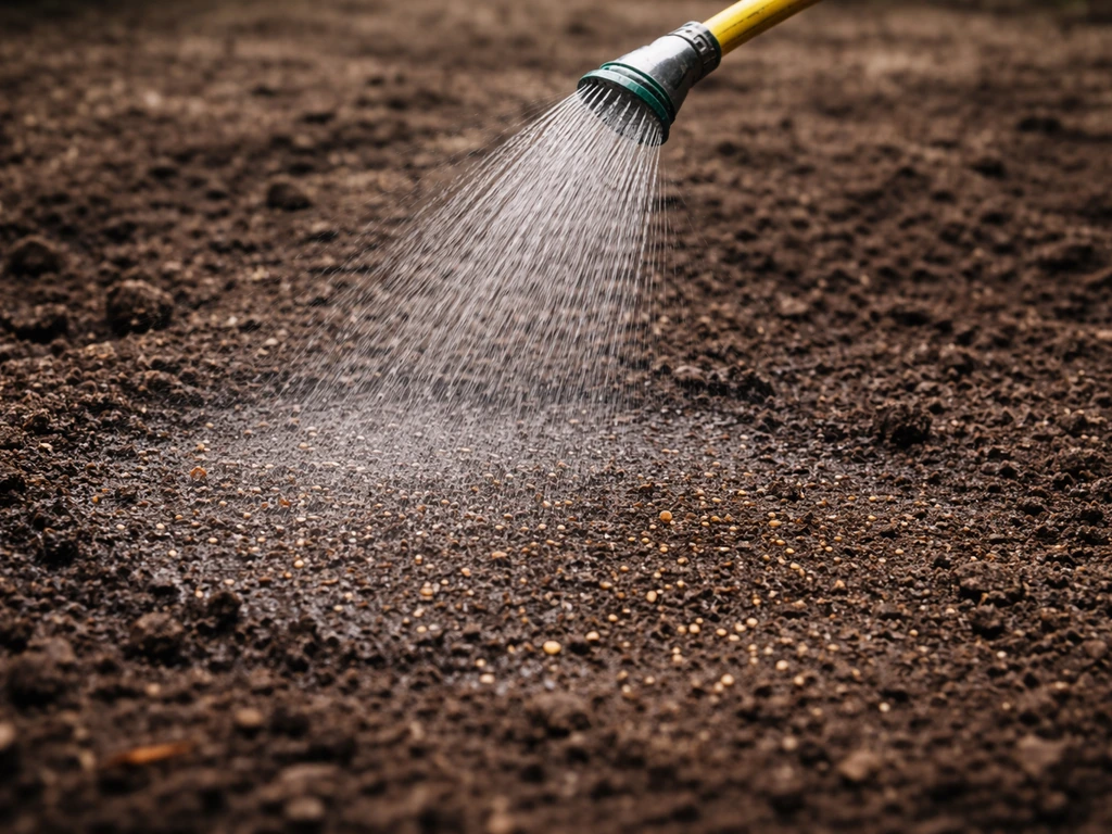 Pluie fine régulière arrosant une zone de terre fraîchement semée, sans ruissellement.