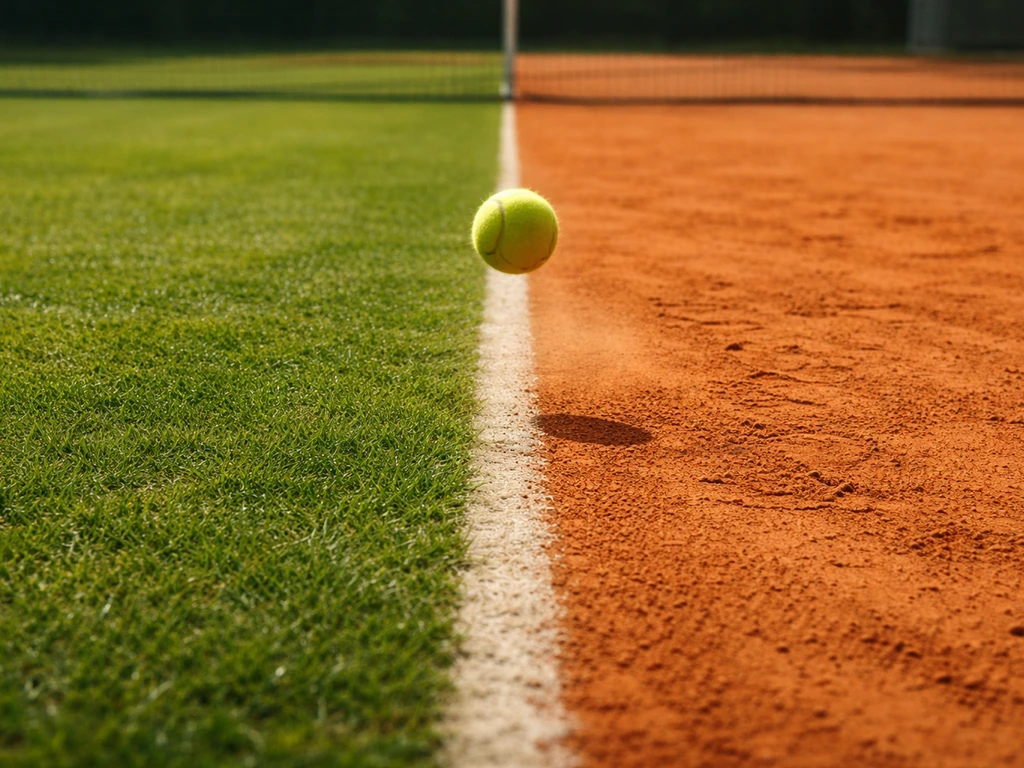 Court de tennis mi-gazon mi-terre battue, balle suspendue et traces de glisse sur deux zones distinctes.