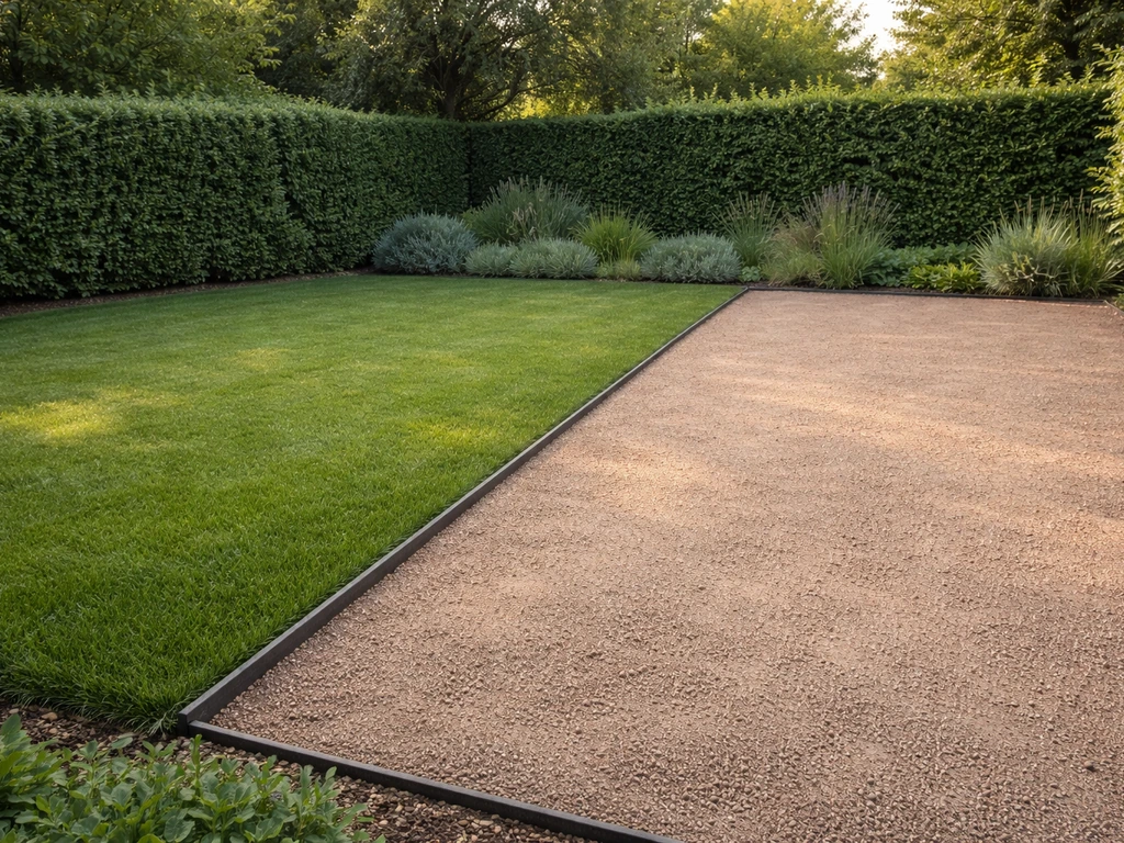 Jardin privé français avec deux zones : gazon tondu fin et terre battue, bordures nettes et aspect prêt à l’usage.