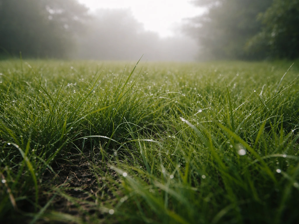 Gazon breton verdoyant, sol légèrement humide, vent perceptible par l’herbe, ambiance fraîche et océanique