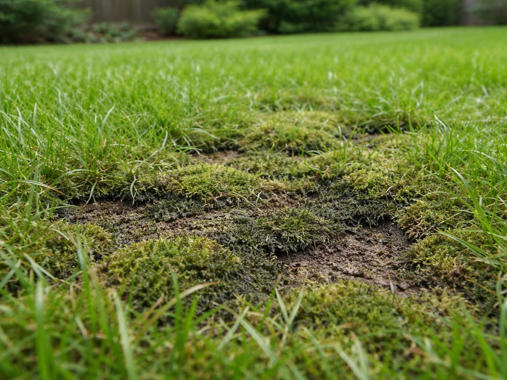 Gros plan d’un gazon avec feutre et mousse vert-noir, sol spongieux et zones humides entre les brins.