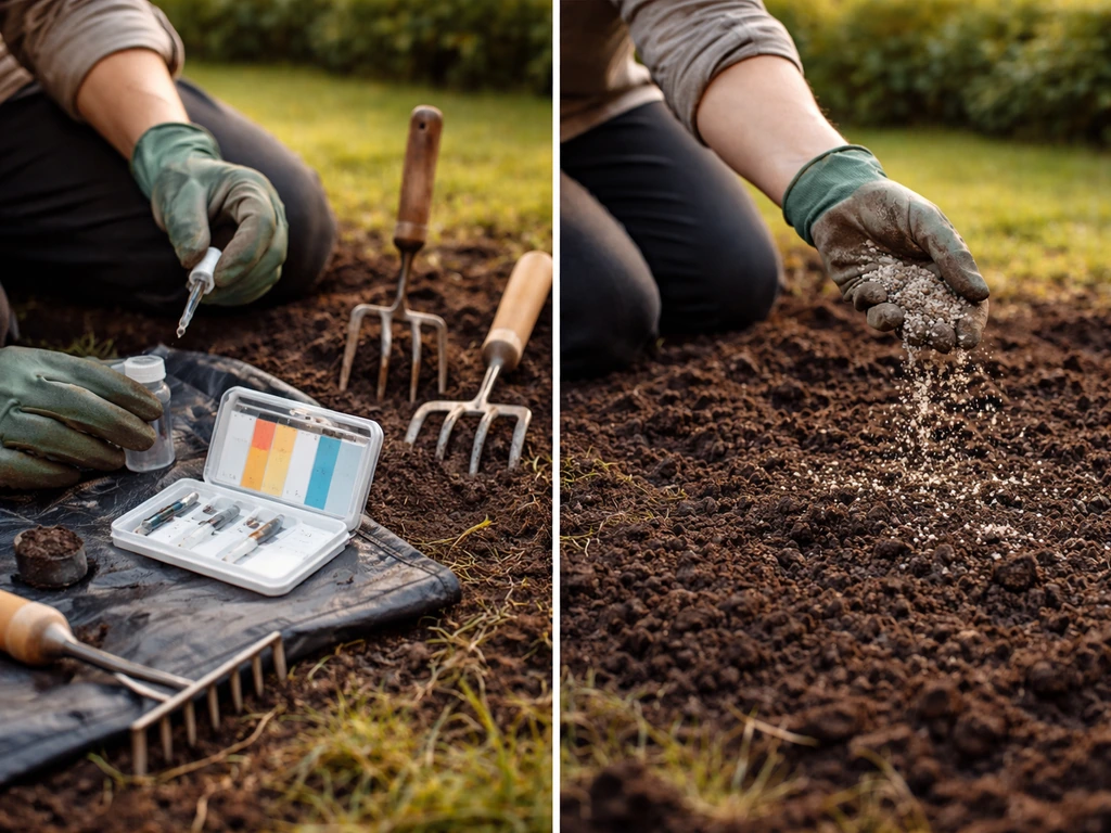 Mains en train de préparer un lit de semences : kit de test de pH ouvert et terre ameublie au jardin.