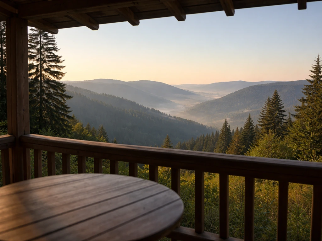 Vue panoramique des crêtes vosgiennes depuis un gîte, silhouette de la terrasse avec ambiance chaleureuse.