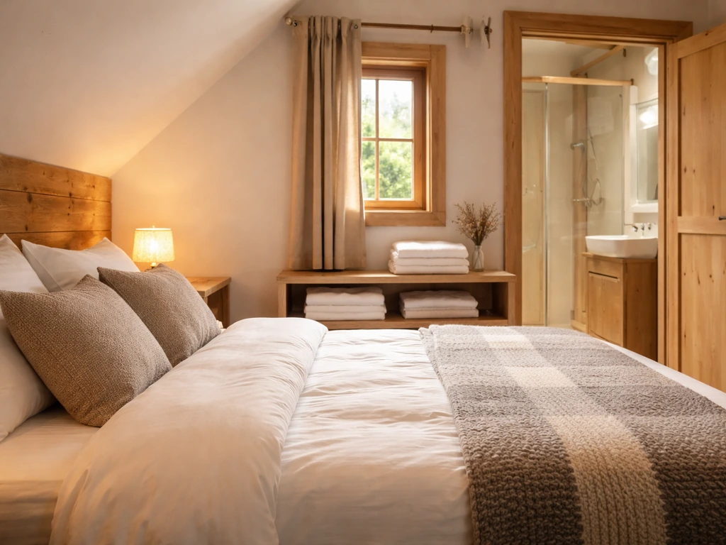 Chambre de gîte de montagne avec lits faits et linge, vue sur des sanitaires partagés sans personne.