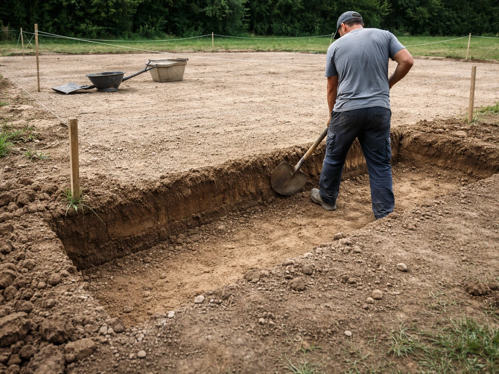Chantier de terrassement de tennis : tranchée à ~30 cm et cordeau délimitant l’emprise du court.