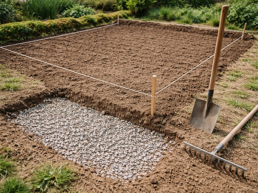 Jardinier prépare un lit de semence : sol ratissé et nivelé, couche de graviers drainants fraîchement posée.
