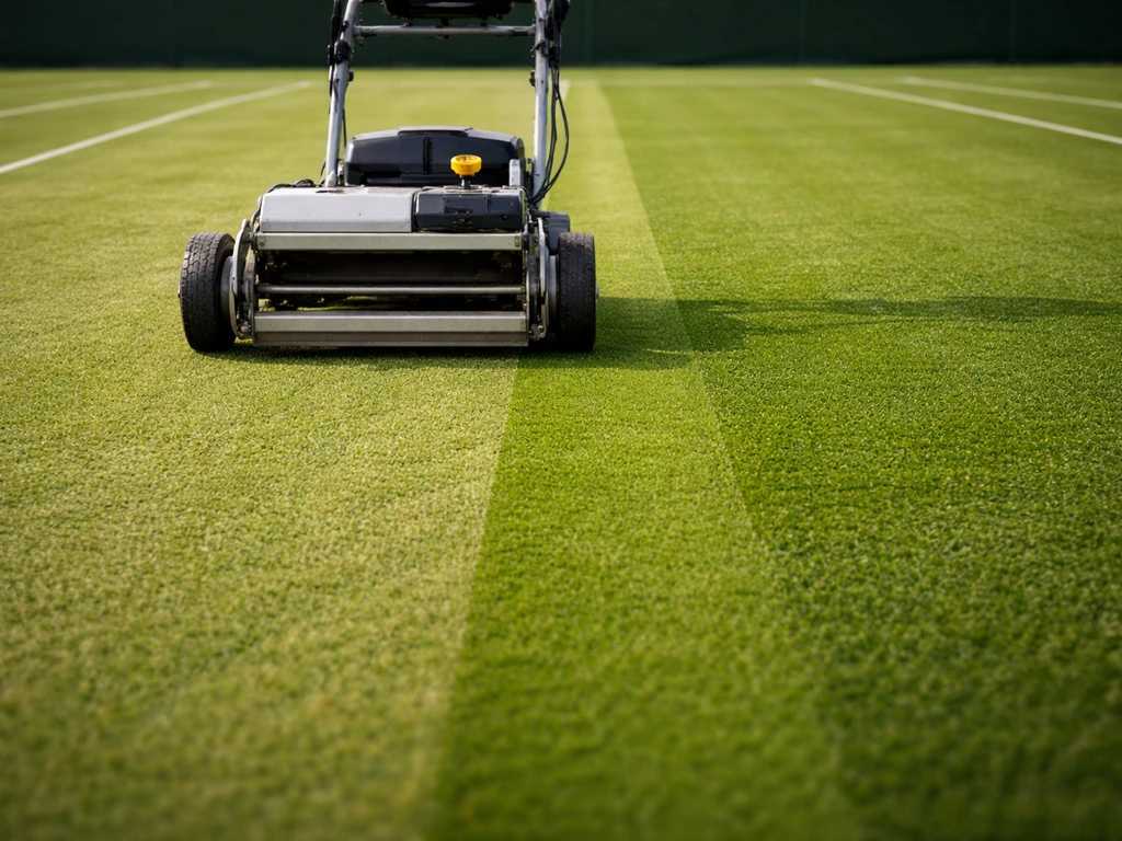 Tonte sur un court de tennis en gazon naturel avec une tondeuse réglée sur la hauteur de coupe.