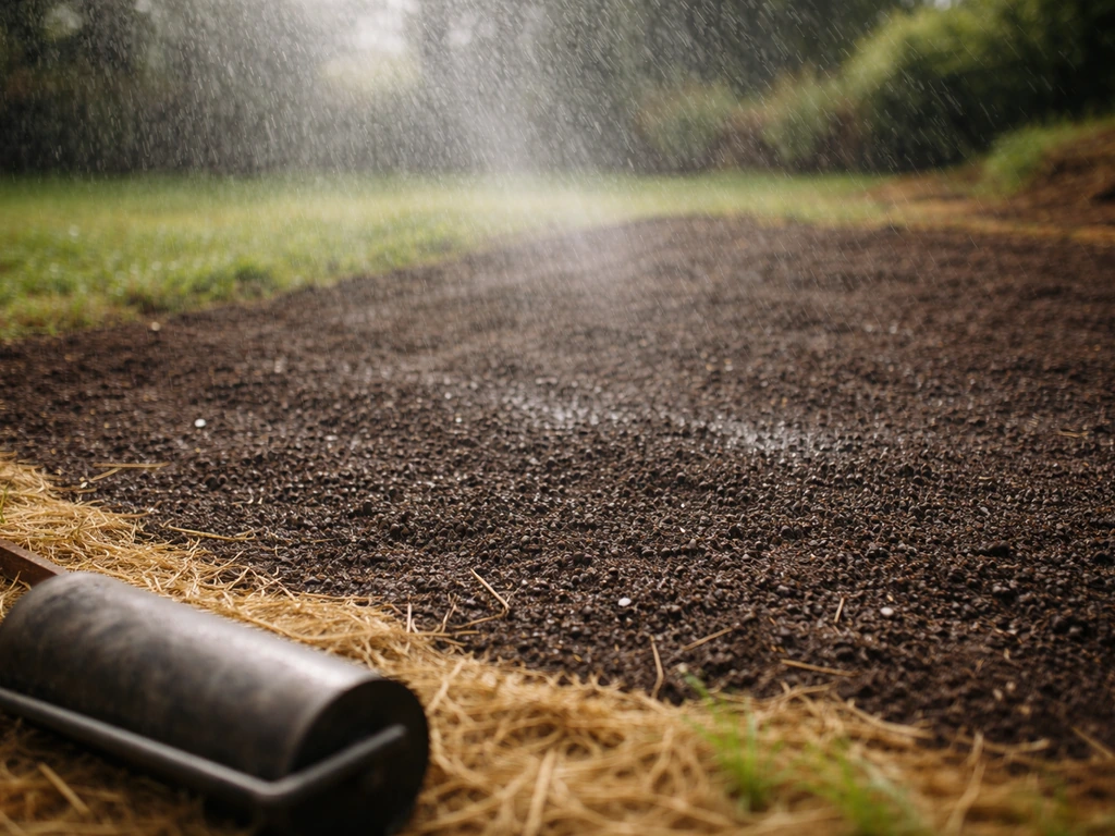 Arrosage en pluie fine sur une jeune pelouse, sol humide après semis, sans flaques, ambiance jardin calme.