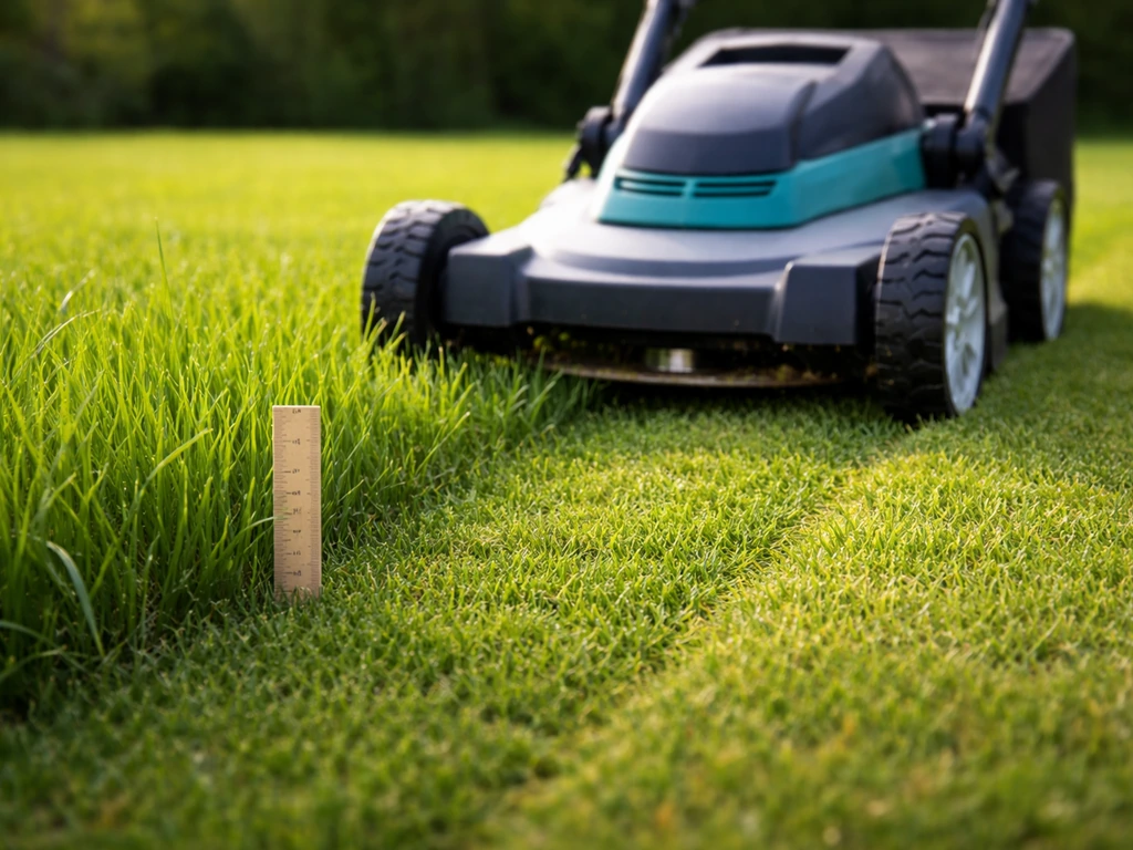 Jardin : tondeuse légère en action, gazon d’environ 8–10 cm et règle indiquant 5–6 cm