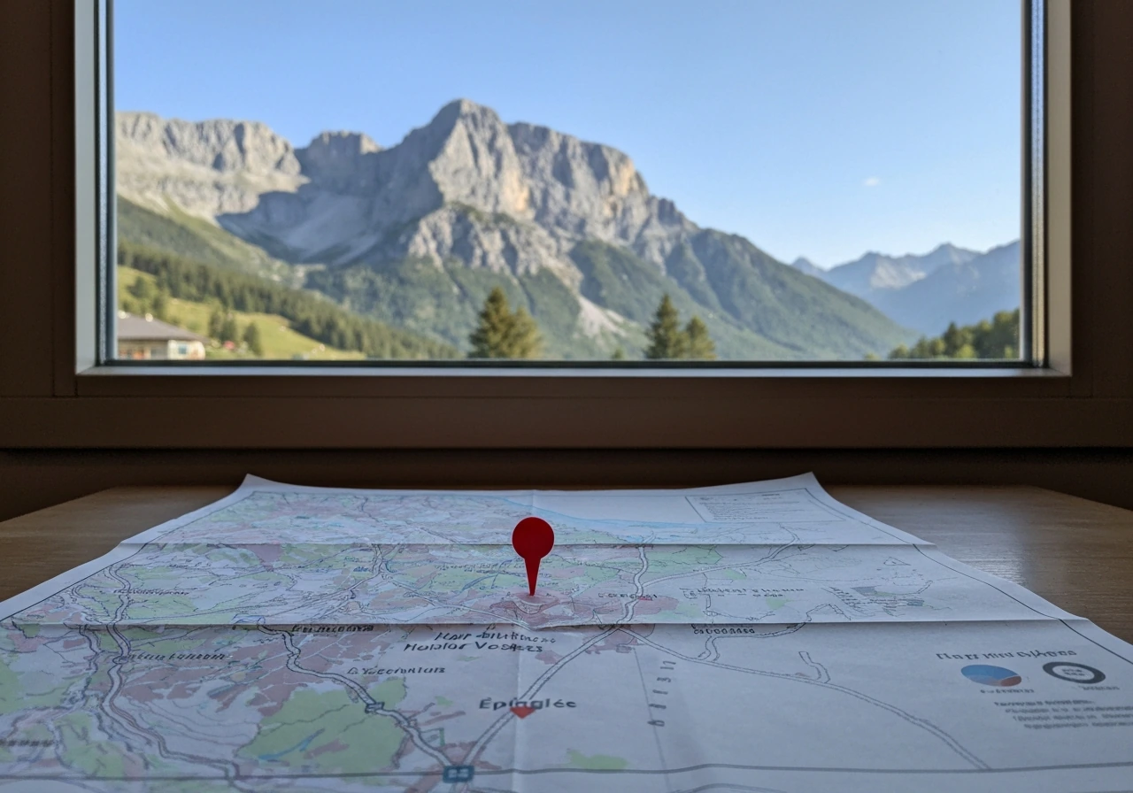 Carte topographique avec une épingle rouge indiquant le secteur Haut-Rhin/Vosges, montagnes en arrière-plan flou.