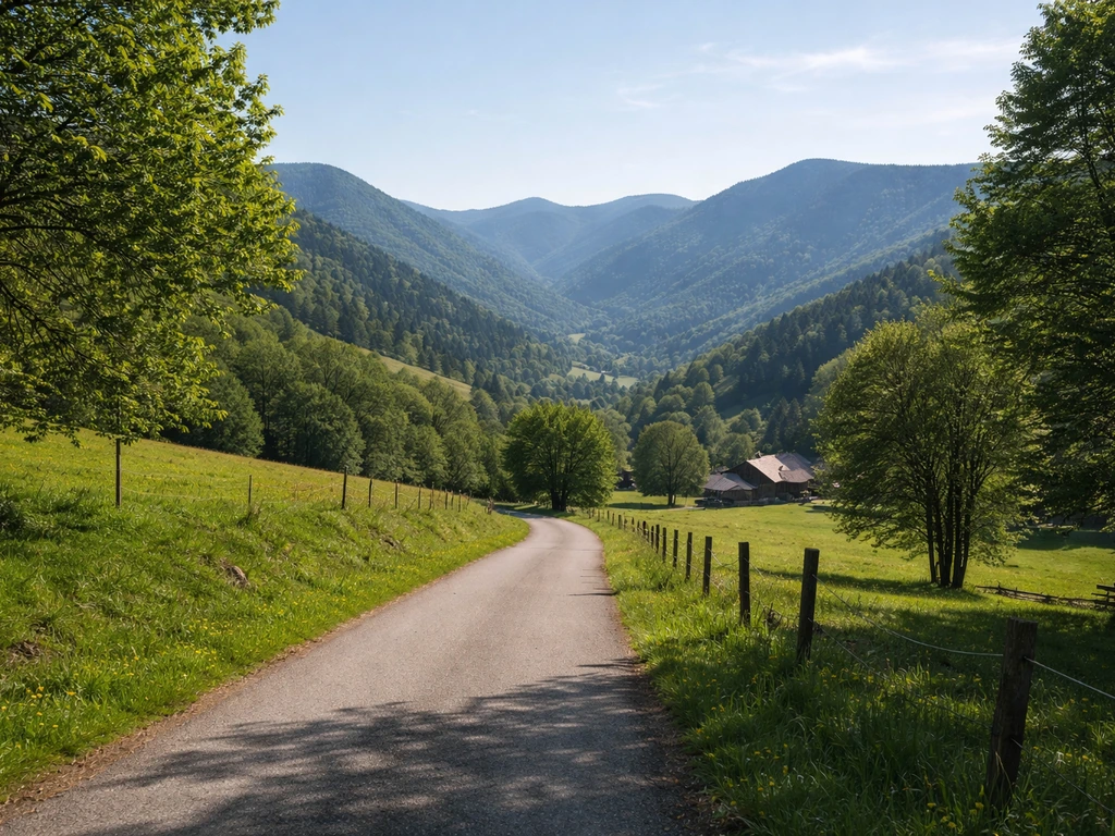 Route dans les Vosges vers la vallée de Munster, avec reliefs visibles et ciel clair.