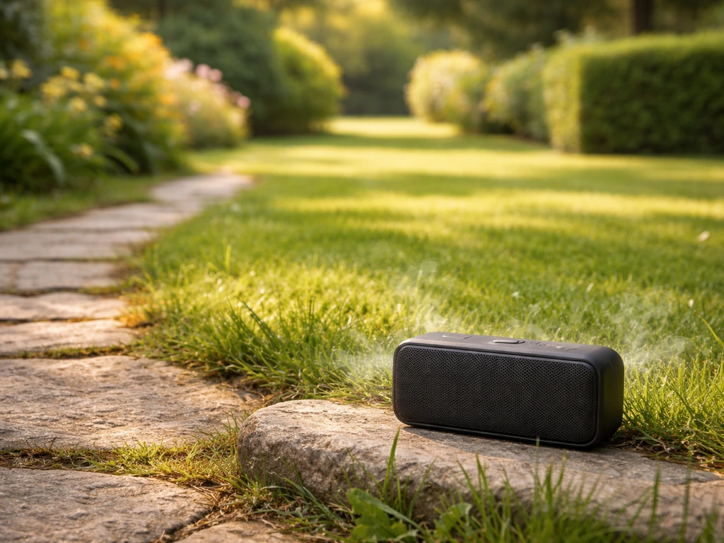 Pelouse fraîchement tondue et enceinte Bluetooth sur une bordure de jardin, ambiance extérieure au soleil.
