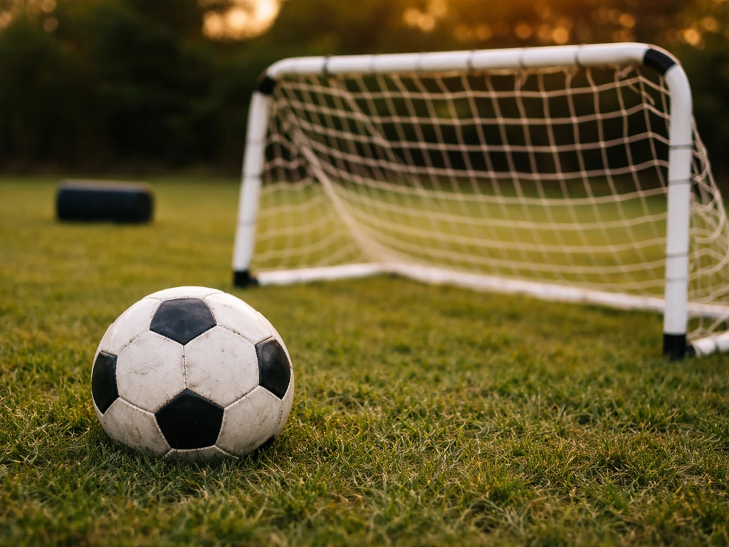 Ballon de football et petit filet de pratique sur pelouse, enceinte discrète au bord du terrain en arrière-plan.