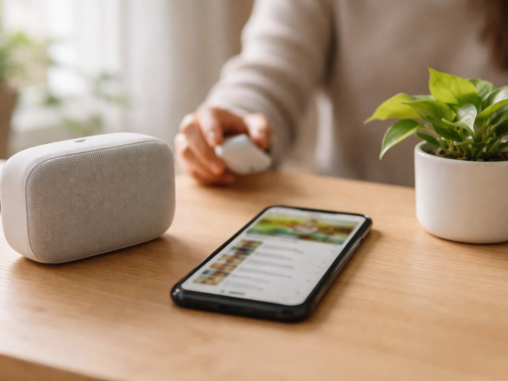 Une personne anonyme sur un bureau écoute de la musique d’ambiance via smartphone, ambiance cosy et naturelle
