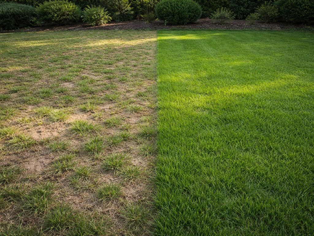 Pelouse avec zones clairsemées et une section visiblement plus verte, effet avant/après naturel.