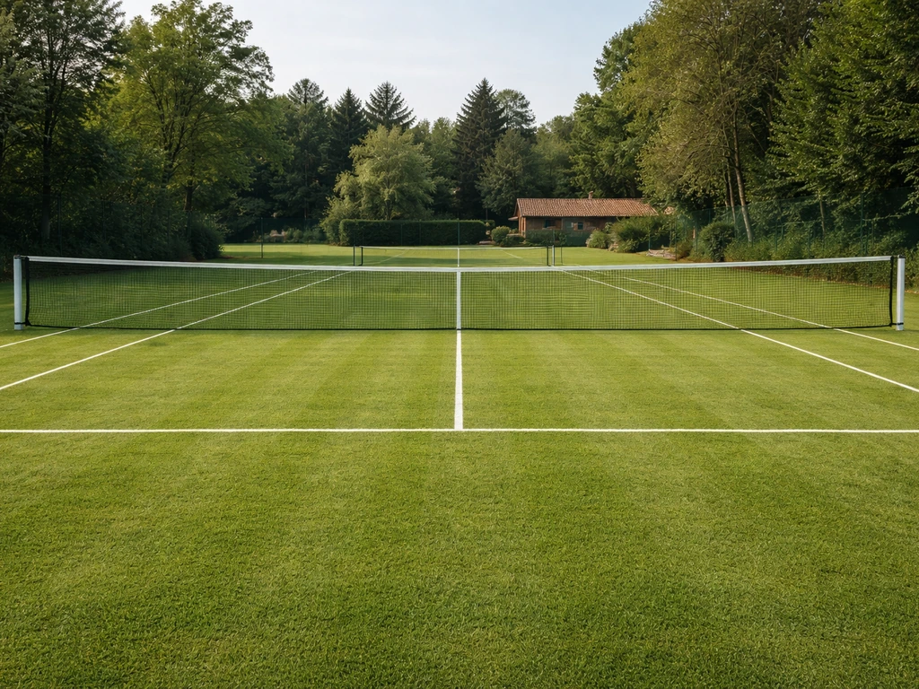 Vue réaliste d’un terrain de tennis en herbe avec gazon tondu régulièrement et hauteur adaptée.