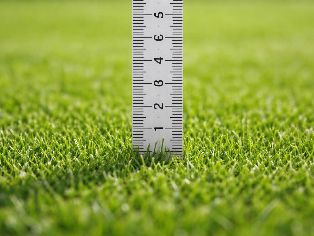 Un réglet gradué en mm posé verticalement dans l’herbe pour mesurer la hauteur de tonte, après tonte.