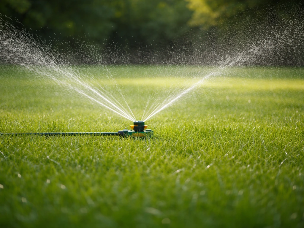 Arroseur de pelouse projetant un jet d’eau sur une zone bien verte, arrosage régulier et uniforme.