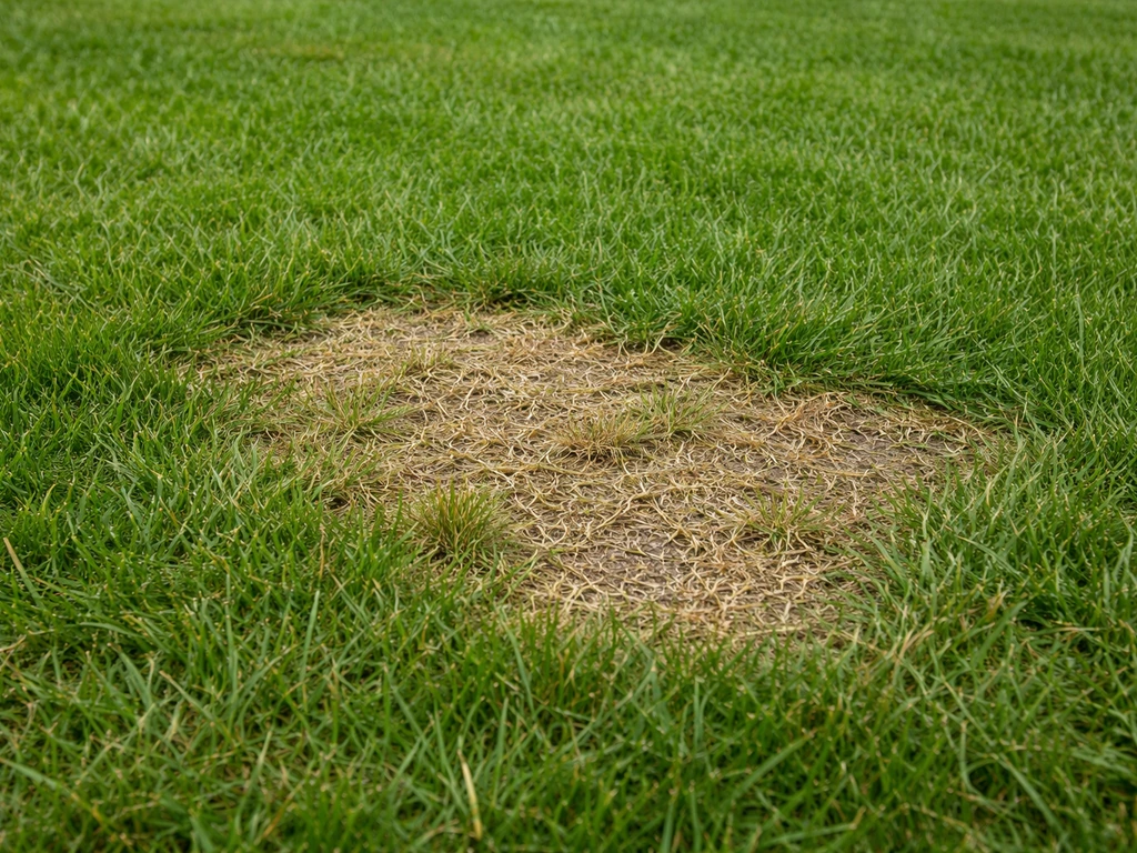 Pelouse avec une zone jaunie et abîmée après une tonte trop ras d’un coup (brins scalés visibles).